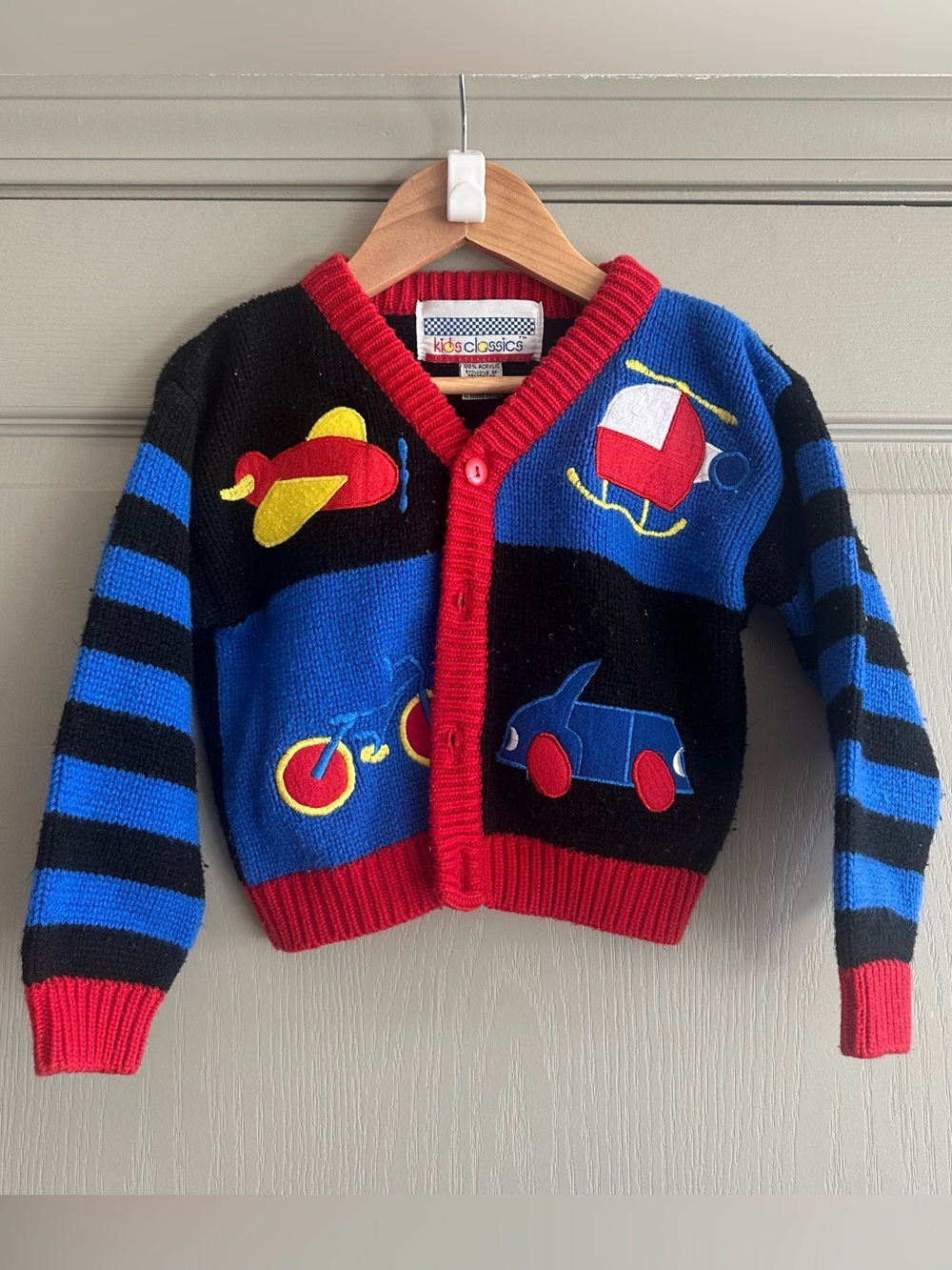 Kids Classics 3T Red Blue Black Striped Vehicle Sweater Cardigan